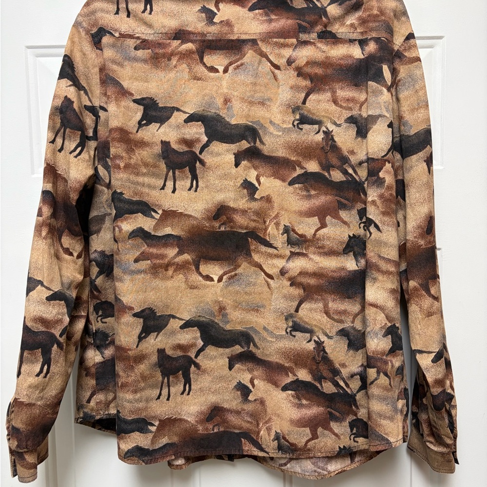Women’s Vintage Size XL Long-Sleeve Brown Horse Print Button-Down Top Blouse - Picture 2 of 6